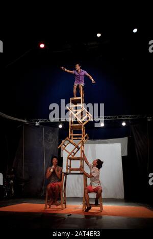 Battambang, Cambodia, Asia: a group of acrobats from the Phare Ponleu Selpak Circus during a performance in the evening show Stock Photo