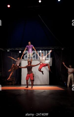 Battambang, Cambodia, Asia: a group of acrobats from the Phare Ponleu Selpak Circus during a performance in the evening show Stock Photo