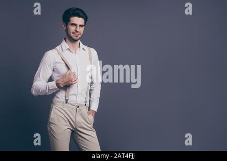 Portrait of his he nice attractive professional imposing elegant luxurious brunette guy company owner agent broker posing isolated on grey pastel Stock Photo