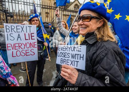 London, UK. 30th Jan, 2020. Remain supporters, led by Sodem and Steve Bray, continue top protest outside parliament on the eve of Britain officially leaving the EU. Credit: Guy Bell/Alamy Live News Stock Photo