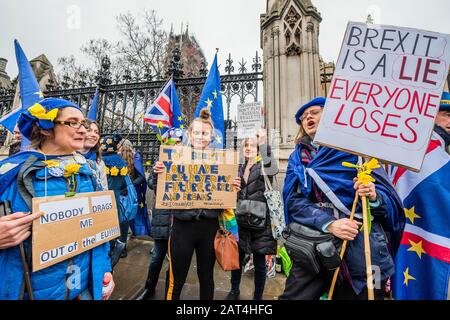 London, UK. 30th Jan, 2020. Remain supporters, led by Sodem and Steve Bray, continue top protest outside parliament on the eve of Britain officially leaving the EU. Credit: Guy Bell/Alamy Live News Stock Photo