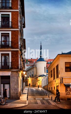 Rodas street of La Latina neighborhood with the Tower of Galerias Piquer in the background. View from Ribera de Curtidores street. Madrid. Spain. Stock Photo