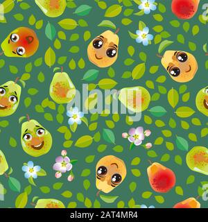 Cute seamless pattern with cartoon emoji fruits Stock Vector