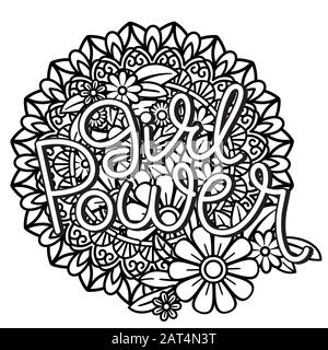 Girl Power hand drawn lettering. Feminism quote and woman motivational slogan. Isolated on white background. Black and white vector illustration. Perfect for coloring page Stock Vector