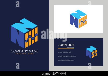 Cubic font N N with financial logo sign symbol, Vector isometric alphabet Stock Vector