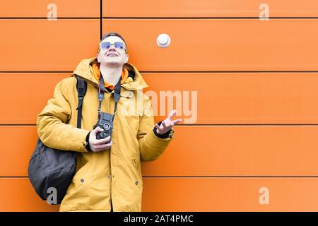 portrait of photographer took shot and smile happy fashionable Stock Photo