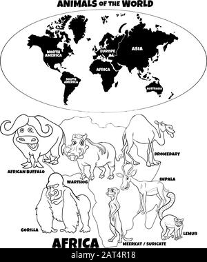 Black and White Educational Cartoon Illustration of African Animals and World Map with Continents Shapes Coloring Book Page Stock Vector