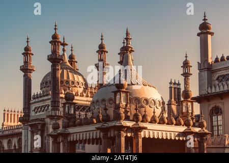 Brighton Pavilion, the Royal Pavilion in Brighton, United Kingdom. Onion domes and minarets on the roof. Indian style architecture and major landmark. Stock Photo