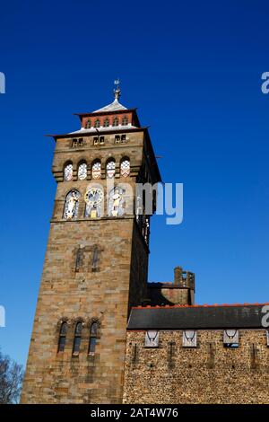 View of the Victorian Gothic revival clock tower, part of Cardiff Castle, Cardiff, South Glamorgan, Wales, United Kingdom Stock Photo