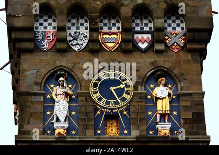 Detail of shields and statues on Victorian Gothic Revival clock tower, part of Cardiff Castle, Cardiff, South Glamorgan, Wales, United Kingdom