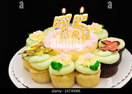 Birthday cake with pastel colored butter cream icing surrounded by cupcakes. A number 75 seventy five candle is burning in the middle of the cake. Stock Photo