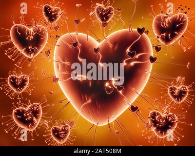 3D render of conceptual Virus of Love in form of hear-shaped molecules Stock Photo