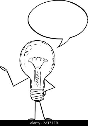 Vector illustration of cartoon light bulb character with speech bubble. Innovation or idea advertisement or marketing design. Stock Vector