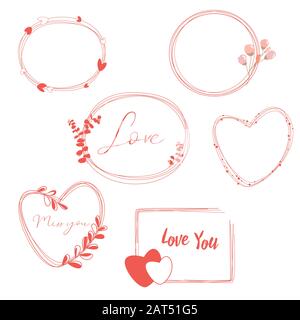 Set of frames of red color in different shapes. Elegant wreaths for design, logo template, wedding invitation design, romantic valentines day greeting Stock Vector