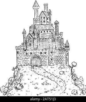 Vector black and white cartoon illustration or drawing of medieval or fantasy castle on hill. Stock Vector