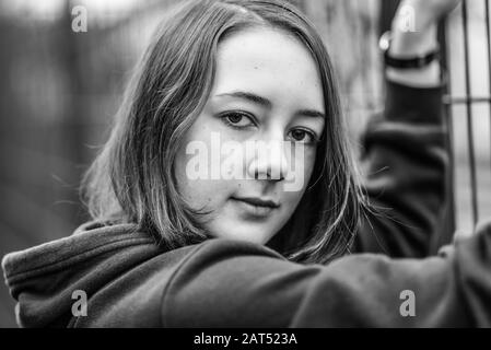 17 year old college girl wearing a hoody Stock Photo