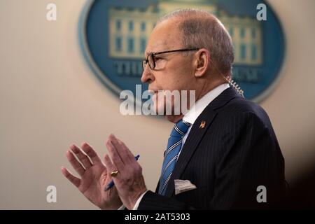 Washington, United States. 30th Jan, 2020. Larry Kudlow, Director of the National Economic Council, in the Brady Press Briefing Room speaks during a television interview at the White House in Washington, DC on Thursday, January 30, 2020. Photo by Ken Cedeno/UPI Credit: UPI/Alamy Live News Stock Photo