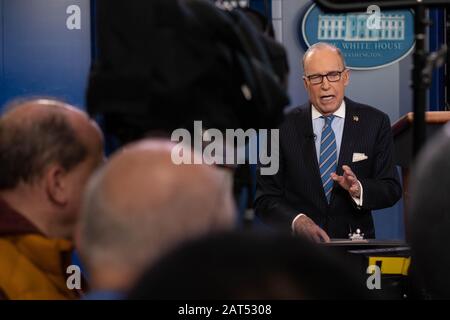 Washington, United States. 30th Jan, 2020. Larry Kudlow, Director of the National Economic Council, in the Brady Press Briefing Room speaks during a television interview at the White House in Washington, DC on Thursday, January 30, 2020. Photo by Ken Cedeno/UPI Credit: UPI/Alamy Live News Stock Photo