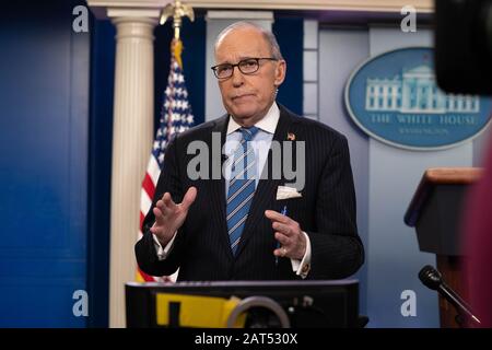 Washington, United States. 30th Jan, 2020. Larry Kudlow, Director of the National Economic Council, in the Brady Press Briefing Room speaks during a television interview at the White House in Washington, DC on Thursday, January 30, 2020. Photo by Ken Cedeno/UPI Credit: UPI/Alamy Live News Stock Photo