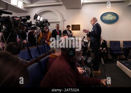 Washington, United States. 30th Jan, 2020. Larry Kudlow, Director of the National Economic Council, in the Brady Press Briefing Room speaks during a television interview at the White House in Washington, DC on Thursday, January 30, 2020. Photo by Ken Cedeno/UPI Credit: UPI/Alamy Live News Stock Photo