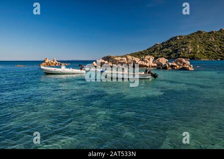 Boats moored at Plage de Palombaggia, beach near Porto Vecchio, Corse-du-Sud, Corsica, France Stock Photo