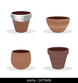 Terracotta pots isolated on white. Gardening equipment. Round clay containers. Garden flower pot icons or illustrations. Stock Vector