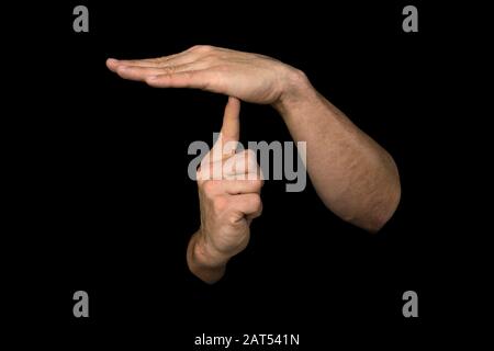 The word DEPRESSION in British sign language on an isolated black background Stock Photo
