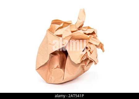 Crumpled brown Paper Ball isolated on white Background Stock Photo