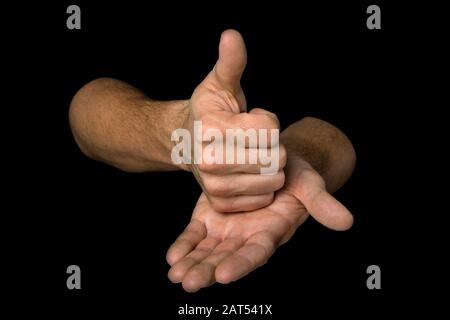 The word HELP in British sign language on an isolated black background ...