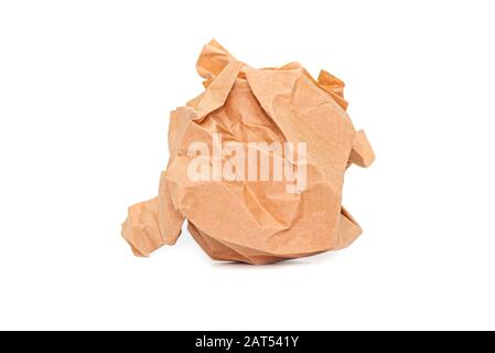 Crumpled brown Paper Ball isolated on white Background Stock Photo