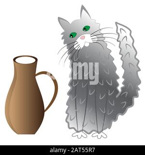 A grey cat and a jug of milk isolated by a white background. Stock Vector