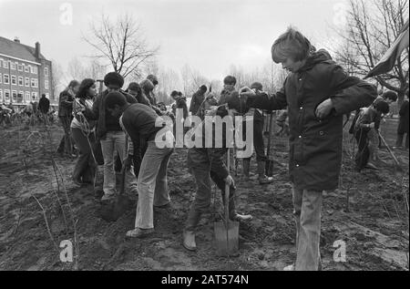 National tree planting day  Children planting trees in Amsterdam Date: 21 March 1979 Location: Amsterdam, Noord-Holland Keywords: treeplantation day, children Stock Photo