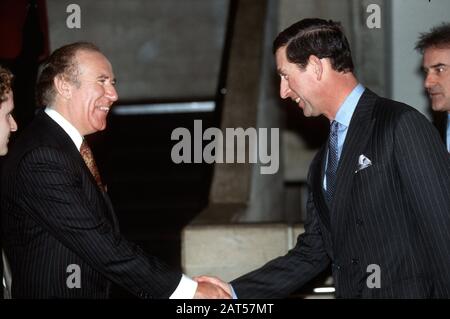 Andrew Neil, broadcaster and journalist meeting HRH Prince Charles at Ian Charleson Awards, Royal National Theatre, London, Britain Feb 1992 Stock Photo