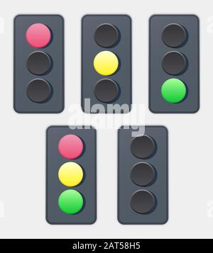 Traffic light stop light road safety sign dark grey with bright volume lights vector icon all states red yellow green colors set Stock Vector