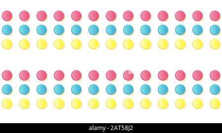 Colored 3d pop-up circles red blue yellow bright color interesting composition dot pattern vector background template Stock Vector