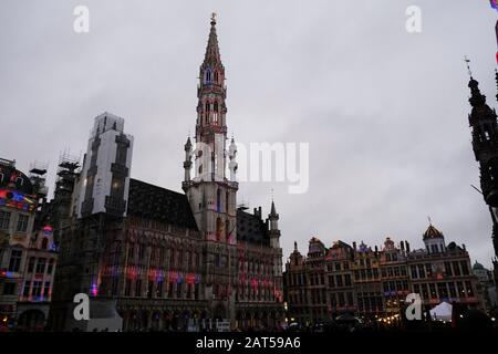 Brussels, Belgium. 30th Jan, 2020. A Building on Grand Place is lit with Union Jack flag colors. Credit: ALEXANDROS MICHAILIDIS/Alamy Live News Stock Photo