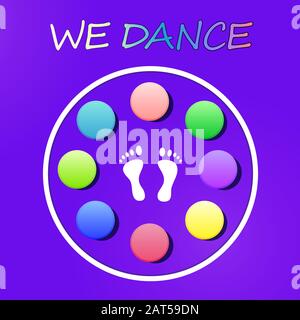 Colored fun dance circles children game with footprints vector card Stock Vector