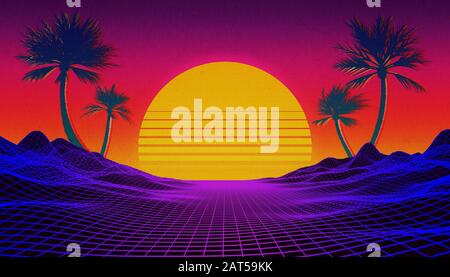 Retrowave, synthwave or vaporwave 80's landscape with neon light grid, sun and palm trees. Sci-fi, futuristic illustration with copy space for text. Stock Photo