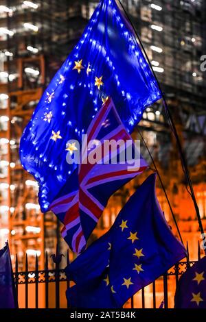 London, UK 30 January 2020. Evening comes and the lights come out for a final time -Remain supporters, led by Sodem and Steve Bray, continue top protest outside parliament on the eve of Britain officially leaving the EU. Credit: Guy Bell/Alamy Live News Stock Photo