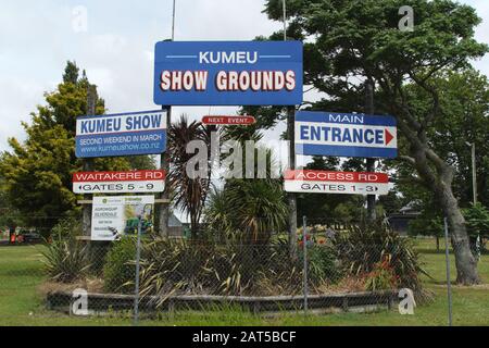 Kumeu Showgrounds, main entrance, next event signs, Auckland, New Zealand Stock Photo