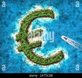 Euro shaped island. Tax haven concept for offshore bank accounts. Stock Photo