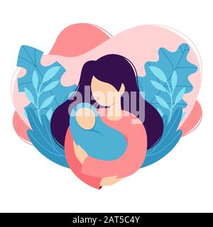 Mother holds the baby in her arms. Woman cradles a newborn. Cartoon design, health, care, maternity parenting. Vector illustration isolated on white b Stock Vector