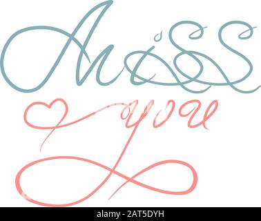 Miss you retro color hand lettering. St. Valentine Day design element. Hand drawn Romantic phrase for engagement. Vector illustration quote isolated on white background. Stock Vector