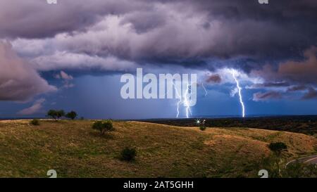 Dramatic stormy sky with lightning strikes and clouds from a thunderstorm near Sonoita, Arizona Stock Photo