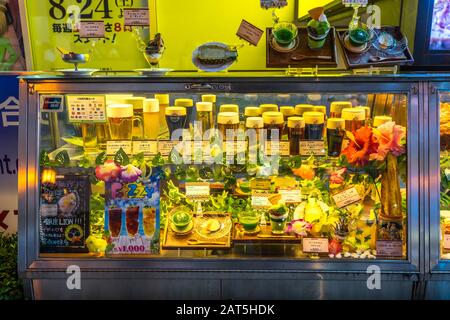 Model food dishes (sampuru) displayed in a restaurant. Showing fake food is common in many Japanese restaurants Stock Photo