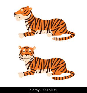 Adult big red tiger lies on ground wildlife and fauna theme cartoon animal design flat vector illustration Stock Vector