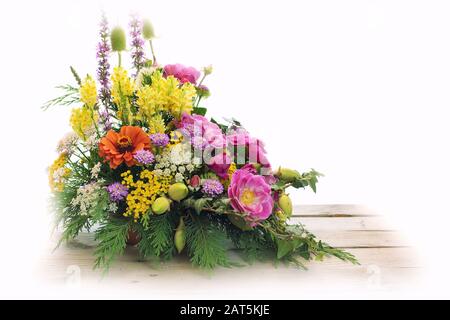 bouquet composition of fresh flowers on wooden background with white copy space Stock Photo