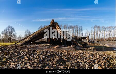 A picture of the gas chambers ruins of Auschwitz II - Birkenau. Stock Photo
