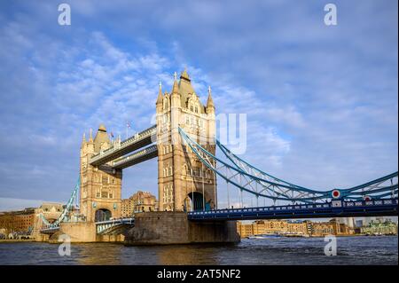 Landscape view of Tower Bridge in the City of London, UK. Tower Bridge crosses the River Thames and is one of the most famous tourist sights in London Stock Photo