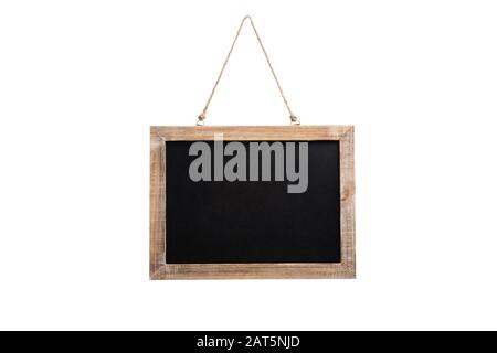 Blank vintage chalkboard with wooden frame and rope for hanging, isolated on white background Stock Photo